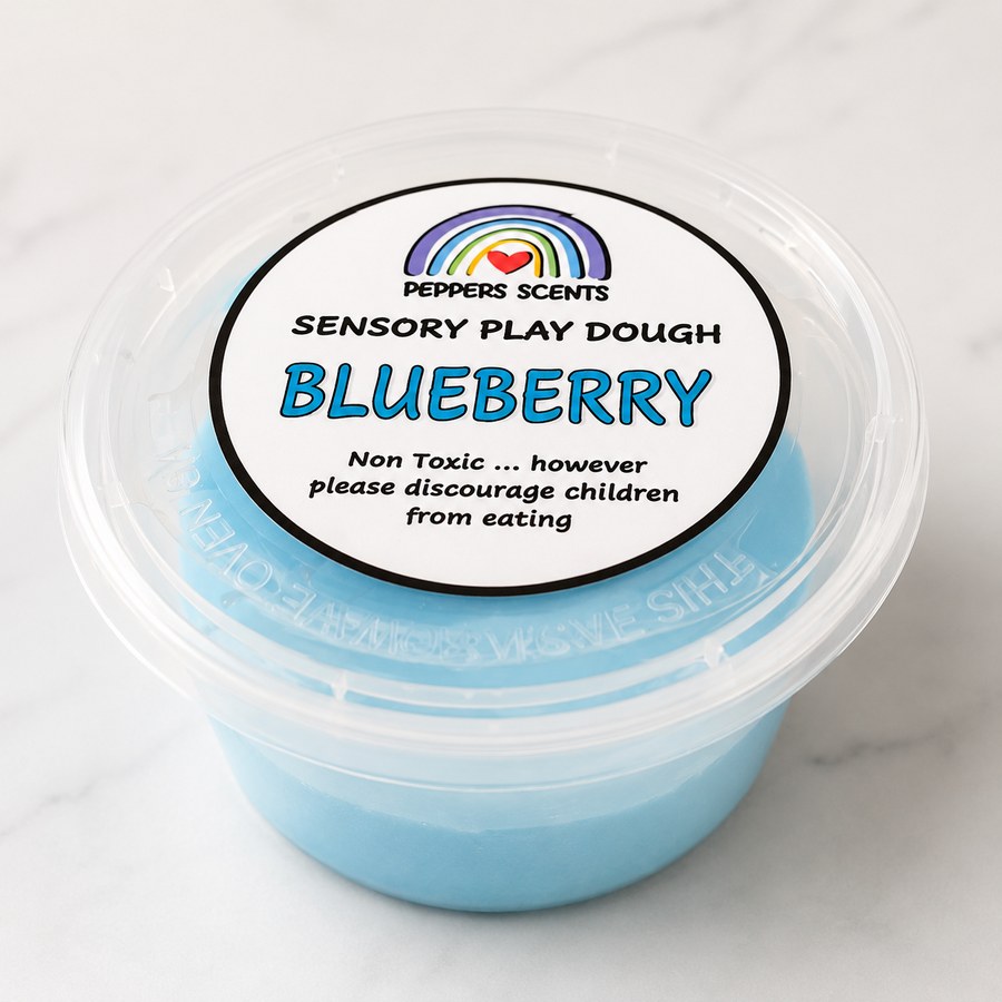 A tub of Blueberry sensory play dough with the rainbow Peppers Scents label.
